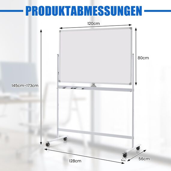 COSTWAY Doppelseitiges mobiles Whiteboard, 120 x 80 cm, höhenverstellbares magnetisches Whiteboard mit Rollen, Ständer und Stiftablage, inkl. Zubehör für Schule, Büro, Zuhause (Weiß)