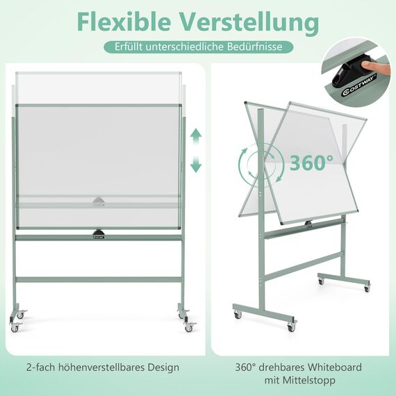 COSTWAY Doppelseitiges mobiles Whiteboard, 120 x 90 cm, höhenverstellbares magnetisches Whiteboard mit Rädern & Ständer, rollende Weißtafel inkl. Zubehör für Klassenzimmer Büro Hause