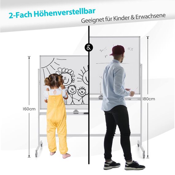 COSTWAY Doppelseitiges mobiles Whiteboard, 120 x 90 cm, höhenverstellbares magnetisches Whiteboard mit Rädern & Ständer, rollende Weißtafel inkl. Zubehör für Klassenzimmer Büro Hause