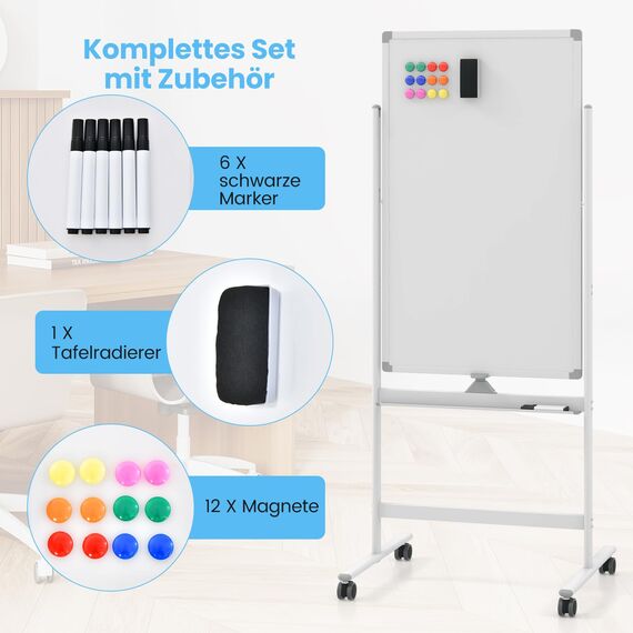 COSTWAY Doppelseitiges mobiles Whiteboard, 60 x 100 cm, höhenverstellbares magnetisches Whiteboard mit Rollen, Ständer und Stiftablage, inkl. Zubehör für Schule, Büro, Zuhause (Weiß)