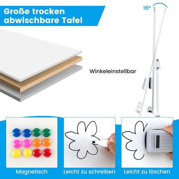 COSTWAY Flipchart Ständer, 100x65cm, Mobiles Whiteboard auf Rollen, höhenverstellbar bis 192cm, trocken abwischbar, magnetisch, Flip Chart mit rundem Ständer, Magneten, Markern & Radierer, Weiß