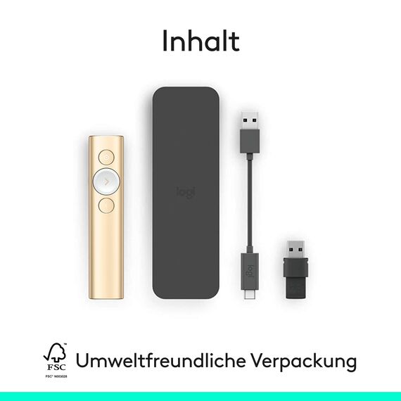 Logitech Spotlight Presenter, Bluetooth und 2.4 GHz Verbindung via USB-Empfänger, Digitaler Laserpointer, 30m Reichweite, Timer, Vibrationsalarm, PC/Mac/Android/iOS - Gold