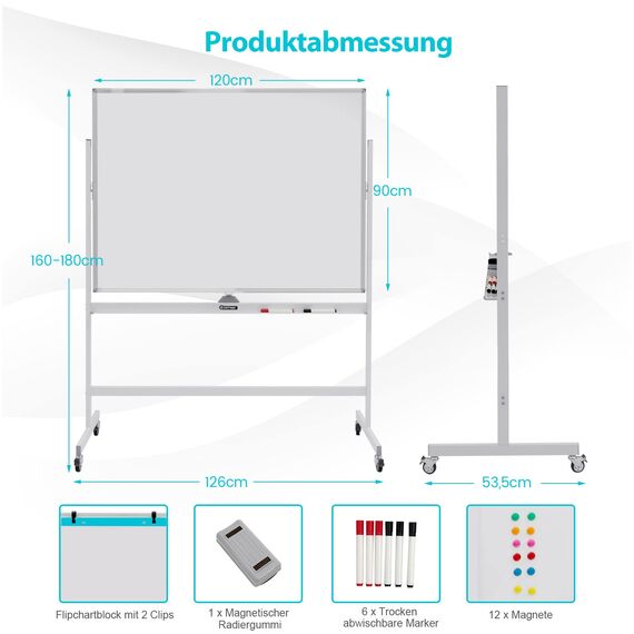 COSTWAY Doppelseitiges mobiles Whiteboard, 120 x 90 cm, höhenverstellbares magnetisches Whiteboard mit Rädern & Ständer, rollende Weißtafel inkl. Zubehör für Klassenzimmer Büro Hause