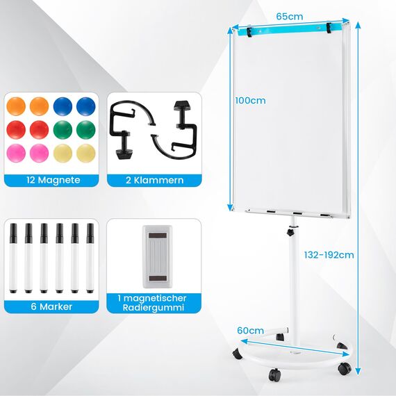 COSTWAY Flipchart Ständer, 100x65cm, Mobiles Whiteboard auf Rollen, höhenverstellbar bis 192cm, trocken abwischbar, magnetisch, Flip Chart mit rundem Ständer, Magneten, Markern & Radierer, Weiß