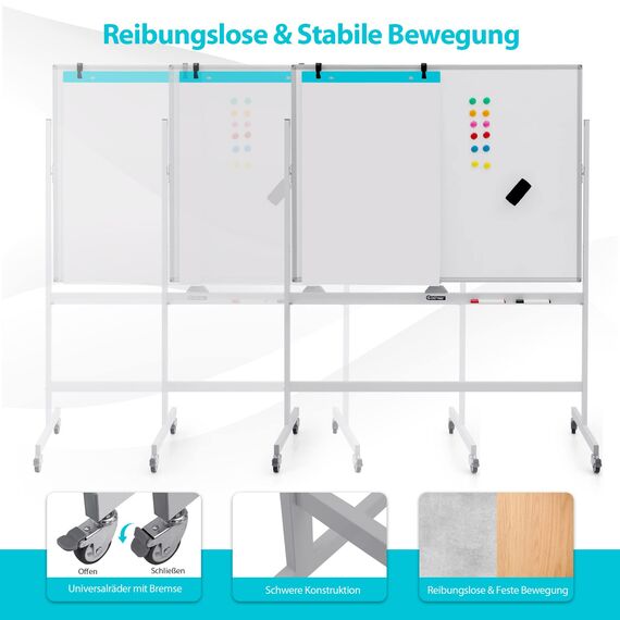 COSTWAY Doppelseitiges mobiles Whiteboard, 120 x 90 cm, höhenverstellbares magnetisches Whiteboard mit Rädern & Ständer, rollende Weißtafel inkl. Zubehör für Klassenzimmer Büro Hause