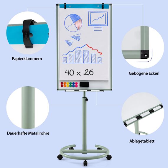 COSTWAY Flipchart Ständer, 100x65cm, mobiles Whiteboard auf Rollen, höhenverstellbar bis 192cm, trocken abwischbar, magnetisch, Flip Chart mit rundem Ständer, Magneten, Markern & Radierer