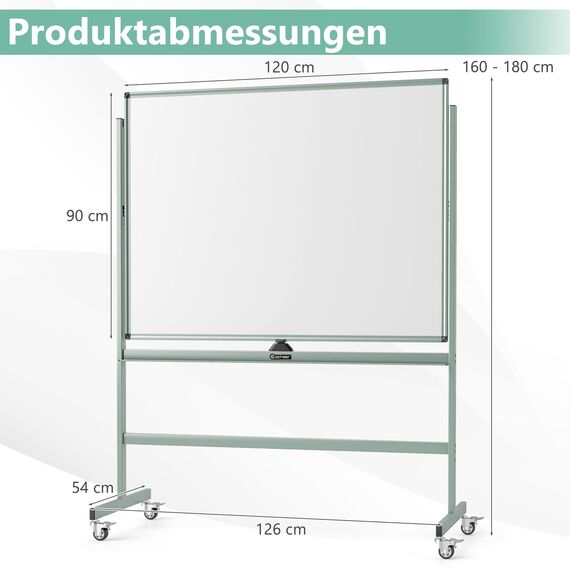 COSTWAY Doppelseitiges mobiles Whiteboard, 120 x 90 cm, höhenverstellbares magnetisches Whiteboard mit Rädern & Ständer, rollende Weißtafel inkl. Zubehör für Klassenzimmer Büro Hause