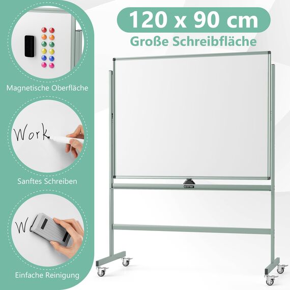 COSTWAY Doppelseitiges mobiles Whiteboard, 120 x 90 cm, höhenverstellbares magnetisches Whiteboard mit Rädern & Ständer, rollende Weißtafel inkl. Zubehör für Klassenzimmer Büro Hause
