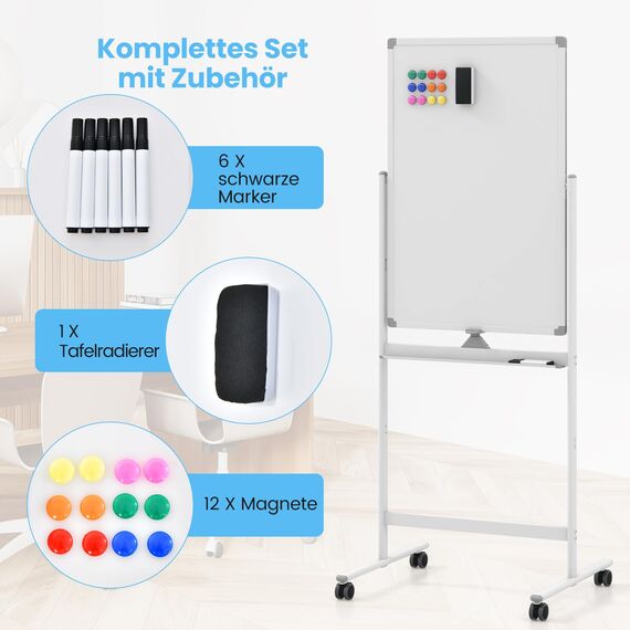 COSTWAY Doppelseitiges mobiles Whiteboard, 60 x 90 cm, höhenverstellbares magnetisches Whiteboard mit Rollen, Ständer und Stiftablage, inkl. Zubehör für Schule, Büro, Zuhause (Weiß)