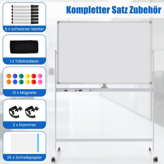 COSTWAY Doppelseitiges mobiles Whiteboard, 120 x 80 cm, höhenverstellbares magnetisches Whiteboard mit Rollen, Ständer und Stiftablage, inkl. Zubehör für Schule, Büro, Zuhause (Weiß)