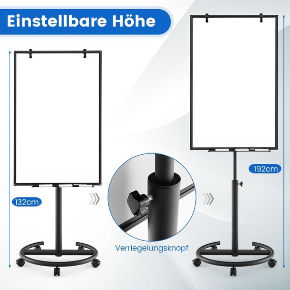 COSTWAY Flipchart Ständer, 100x65cm, mobiles Whiteboard auf Rollen, höhenverstellbar bis 192cm, trocken abwischbar, magnetisch, Flip Chart mit rundem Ständer, Magneten, Markern & Radierer
