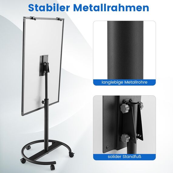 COSTWAY Flipchart Ständer, 100x65cm, mobiles Whiteboard auf Rollen, höhenverstellbar bis 192cm, trocken abwischbar, magnetisch, Flip Chart mit rundem Ständer, Magneten, Markern & Radierer