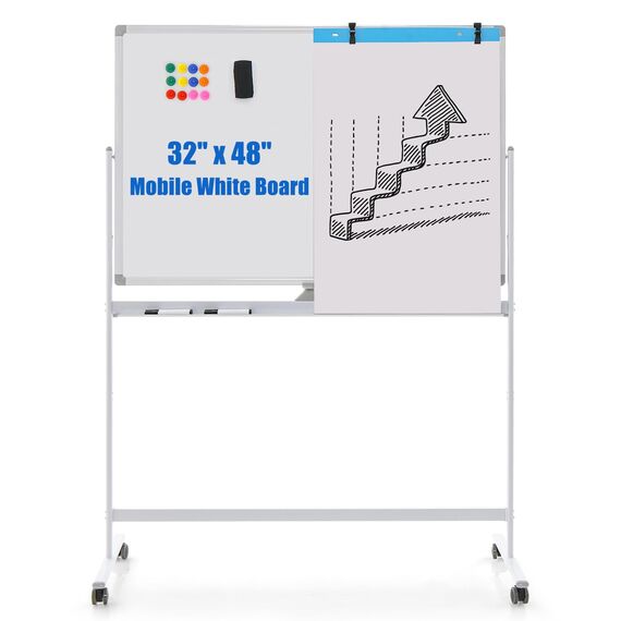COSTWAY Doppelseitiges mobiles Whiteboard, 120 x 80 cm, höhenverstellbares magnetisches Whiteboard mit Rollen, Ständer und Stiftablage, inkl. Zubehör für Schule, Büro, Zuhause (Weiß)