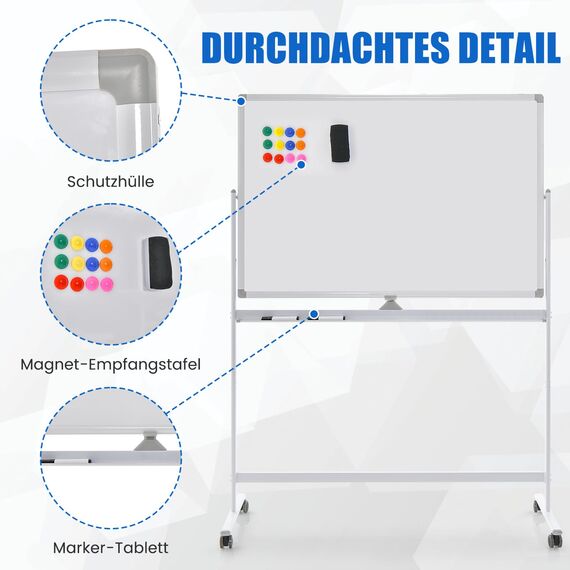 COSTWAY Doppelseitiges mobiles Whiteboard, 120 x 80 cm, höhenverstellbares magnetisches Whiteboard mit Rollen, Ständer und Stiftablage, inkl. Zubehör für Schule, Büro, Zuhause (Weiß)