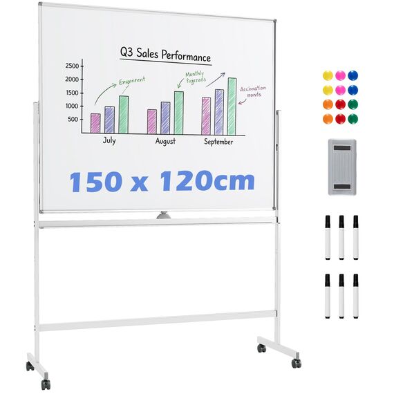 COSTWAY Doppelseitiges mobiles Whiteboard, 150 x 120 cm, höhenverstellbares magnetisches Whiteboard mit Rollen, Ständer und Stiftablage, inkl. Zubehör für Schule, Büro, Zuhause (Weiß)