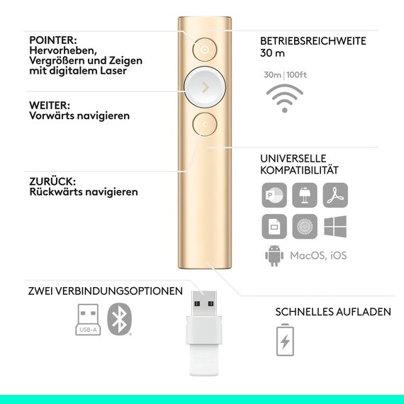Logitech Spotlight Presenter, Bluetooth und 2.4 GHz Verbindung via USB-Empfänger, Digitaler Laserpointer, 30m Reichweite, Timer, Vibrationsalarm, PC/Mac/Android/iOS - Gold