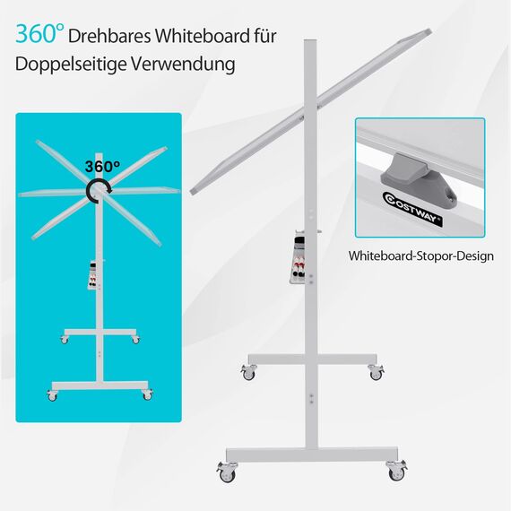 COSTWAY Doppelseitiges mobiles Whiteboard, 120 x 90 cm, höhenverstellbares magnetisches Whiteboard mit Rädern & Ständer, rollende Weißtafel inkl. Zubehör für Klassenzimmer Büro Hause
