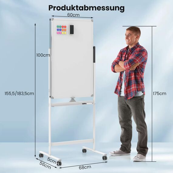 COSTWAY Doppelseitiges mobiles Whiteboard, 60 x 100 cm, höhenverstellbares magnetisches Whiteboard mit Rollen, Ständer und Stiftablage, inkl. Zubehör für Schule, Büro, Zuhause (Weiß)