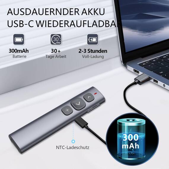 Norwii N95 Bluetooth Präsentation Clicker mit USB-C, USB-A-Empfänger, wiederaufladbare PowerPoint Clicker, Präsentation Remote, Long Range Wireless Presenter für ipad/Laptop/e-Book (Rot, BLE&USB-AC)