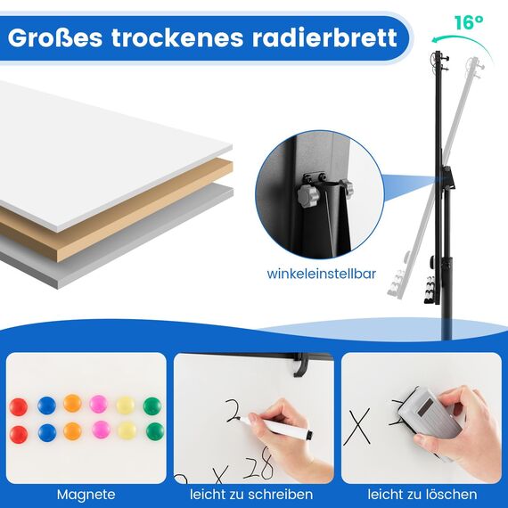 COSTWAY Flipchart Ständer, 100x65cm, mobiles Whiteboard auf Rollen, höhenverstellbar bis 192cm, trocken abwischbar, magnetisch, Flip Chart mit rundem Ständer, Magneten, Markern & Radierer