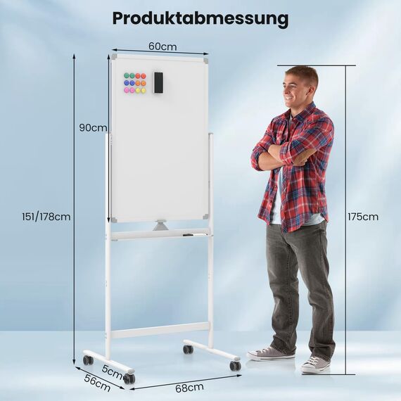 COSTWAY Doppelseitiges mobiles Whiteboard, 60 x 90 cm, höhenverstellbares magnetisches Whiteboard mit Rollen, Ständer und Stiftablage, inkl. Zubehör für Schule, Büro, Zuhause (Weiß)