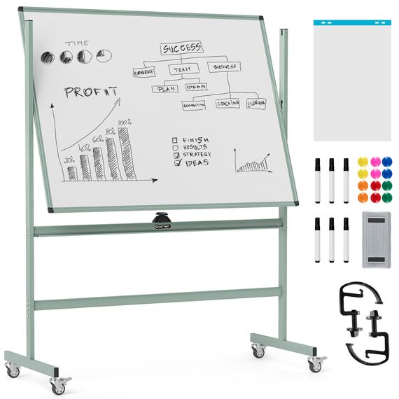 COSTWAY Doppelseitiges mobiles Whiteboard, 120 x 90 cm, höhenverstellbares magnetisches Whiteboard mit Rädern & Ständer, rollende Weißtafel inkl. Zubehör für Klassenzimmer Büro Hause