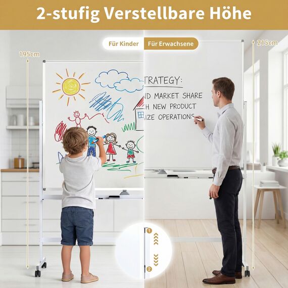 COSTWAY Doppelseitiges mobiles Whiteboard, 150 x 120 cm, höhenverstellbares magnetisches Whiteboard mit Rollen, Ständer und Stiftablage, inkl. Zubehör für Schule, Büro, Zuhause (Weiß)