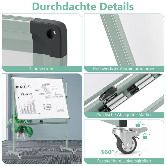 COSTWAY Doppelseitiges mobiles Whiteboard, 120 x 90 cm, höhenverstellbares magnetisches Whiteboard mit Rädern & Ständer, rollende Weißtafel inkl. Zubehör für Klassenzimmer Büro Hause
