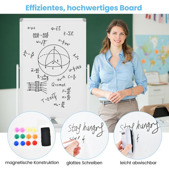 COSTWAY Doppelseitiges mobiles Whiteboard, 60 x 90 cm, höhenverstellbares magnetisches Whiteboard mit Rollen, Ständer und Stiftablage, inkl. Zubehör für Schule, Büro, Zuhause (Weiß)