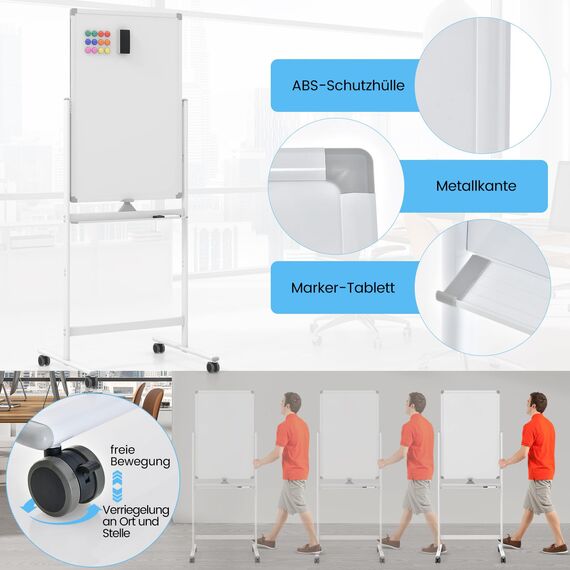 COSTWAY Doppelseitiges mobiles Whiteboard, 60 x 90 cm, höhenverstellbares magnetisches Whiteboard mit Rollen, Ständer und Stiftablage, inkl. Zubehör für Schule, Büro, Zuhause (Weiß)