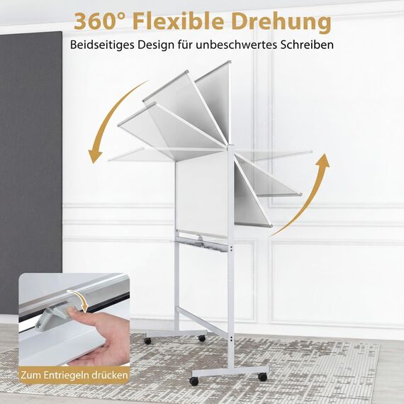 COSTWAY Doppelseitiges mobiles Whiteboard, 150 x 120 cm, höhenverstellbares magnetisches Whiteboard mit Rollen, Ständer und Stiftablage, inkl. Zubehör für Schule, Büro, Zuhause (Weiß)