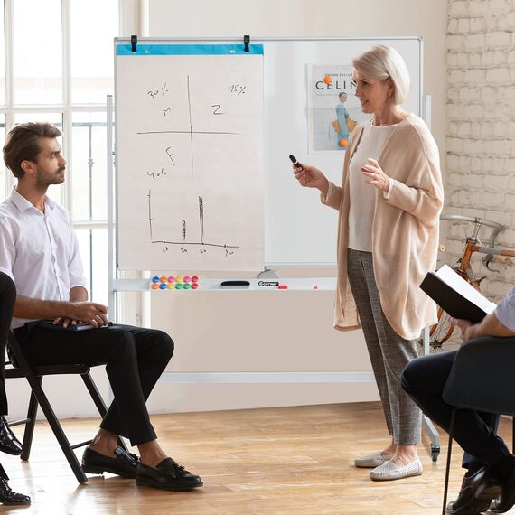 COSTWAY Doppelseitiges mobiles Whiteboard, 120 x 90 cm, höhenverstellbares magnetisches Whiteboard mit Rädern & Ständer, rollende Weißtafel inkl. Zubehör für Klassenzimmer Büro Hause