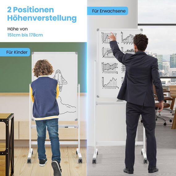 COSTWAY Doppelseitiges mobiles Whiteboard, 60 x 90 cm, höhenverstellbares magnetisches Whiteboard mit Rollen, Ständer und Stiftablage, inkl. Zubehör für Schule, Büro, Zuhause (Weiß)