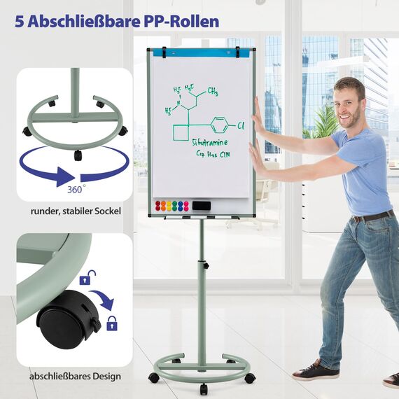 COSTWAY Flipchart Ständer, 100x65cm, mobiles Whiteboard auf Rollen, höhenverstellbar bis 192cm, trocken abwischbar, magnetisch, Flip Chart mit rundem Ständer, Magneten, Markern & Radierer