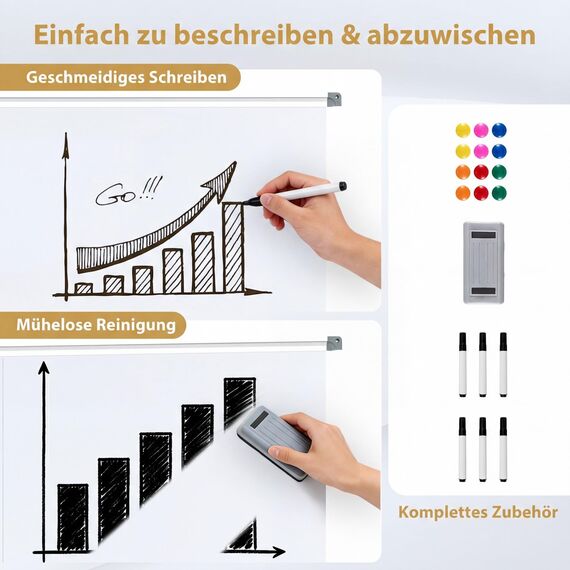COSTWAY Doppelseitiges mobiles Whiteboard, 150 x 120 cm, höhenverstellbares magnetisches Whiteboard mit Rollen, Ständer und Stiftablage, inkl. Zubehör für Schule, Büro, Zuhause (Weiß)