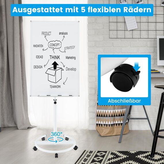 COSTWAY Flipchart Ständer, 100x65cm, Mobiles Whiteboard auf Rollen, höhenverstellbar bis 192cm, trocken abwischbar, magnetisch, Flip Chart mit rundem Ständer, Magneten, Markern & Radierer, Weiß