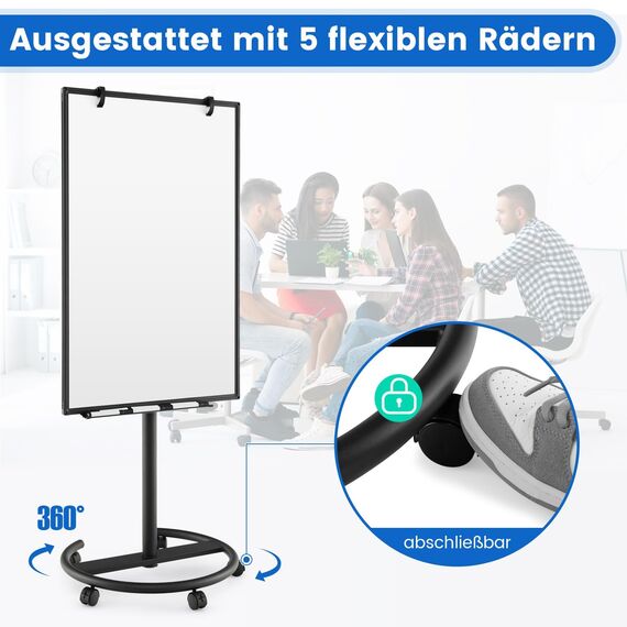 COSTWAY Flipchart Ständer, 100x65cm, mobiles Whiteboard auf Rollen, höhenverstellbar bis 192cm, trocken abwischbar, magnetisch, Flip Chart mit rundem Ständer, Magneten, Markern & Radierer