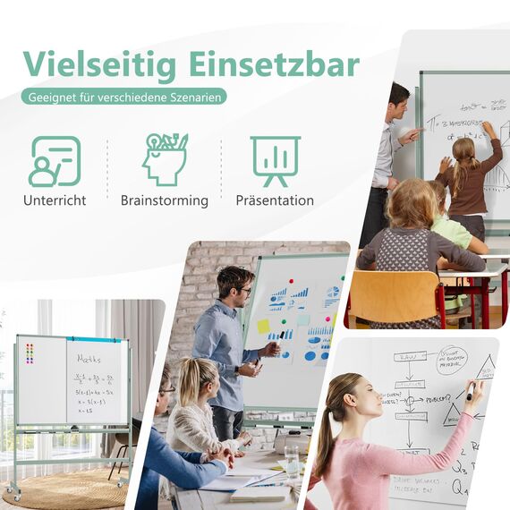 COSTWAY Doppelseitiges mobiles Whiteboard, 120 x 90 cm, höhenverstellbares magnetisches Whiteboard mit Rädern & Ständer, rollende Weißtafel inkl. Zubehör für Klassenzimmer Büro Hause