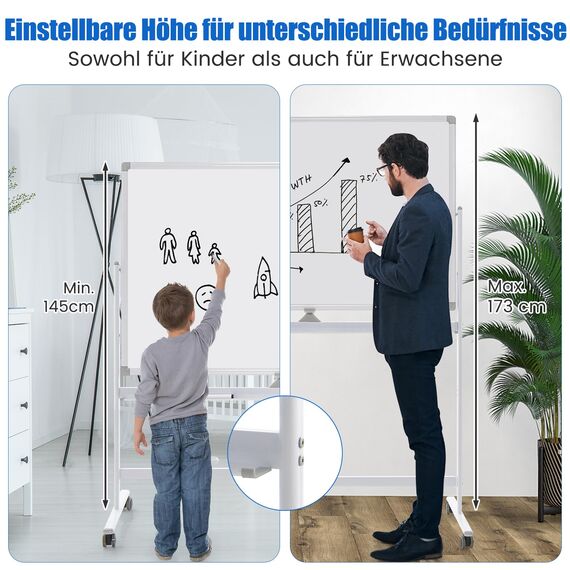 COSTWAY Doppelseitiges mobiles Whiteboard, 120 x 80 cm, höhenverstellbares magnetisches Whiteboard mit Rollen, Ständer und Stiftablage, inkl. Zubehör für Schule, Büro, Zuhause (Weiß)