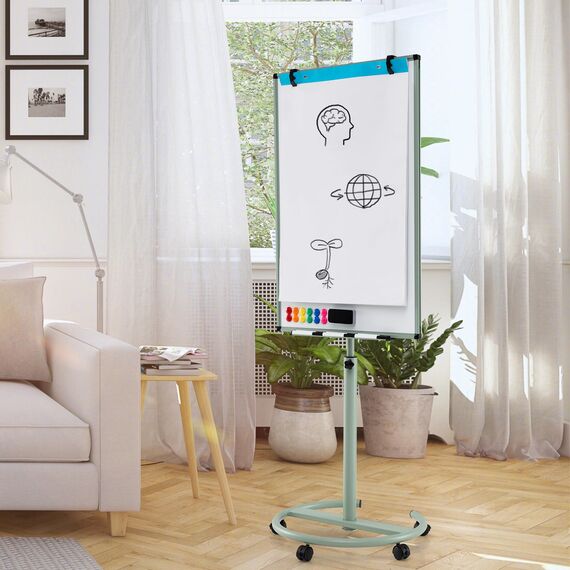COSTWAY Flipchart Ständer, 100x65cm, mobiles Whiteboard auf Rollen, höhenverstellbar bis 192cm, trocken abwischbar, magnetisch, Flip Chart mit rundem Ständer, Magneten, Markern & Radierer