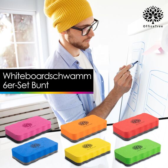 OfficeTree 6x Whiteboard Schwamm Magnetisch - 6 Farben - trocken Whiteboardreiniger entfernt Schrift und Zeichnungen - Tafelwischer - Magnetschwamm - Tafellöscher - Schwamm Whiteboard Eraser