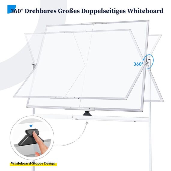 maxtek Whiteboard mit Ständer 150 X 120cm, Doppelseitiges Magnetisches Aluminiumrahmen Mobiles Whiteboard mit Stifte, Schwämme, Tafellöscher