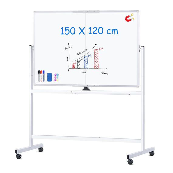 maxtek Whiteboard mit Ständer 150 X 120cm, Doppelseitiges Magnetisches Aluminiumrahmen Mobiles Whiteboard mit Stifte, Schwämme, Tafellöscher