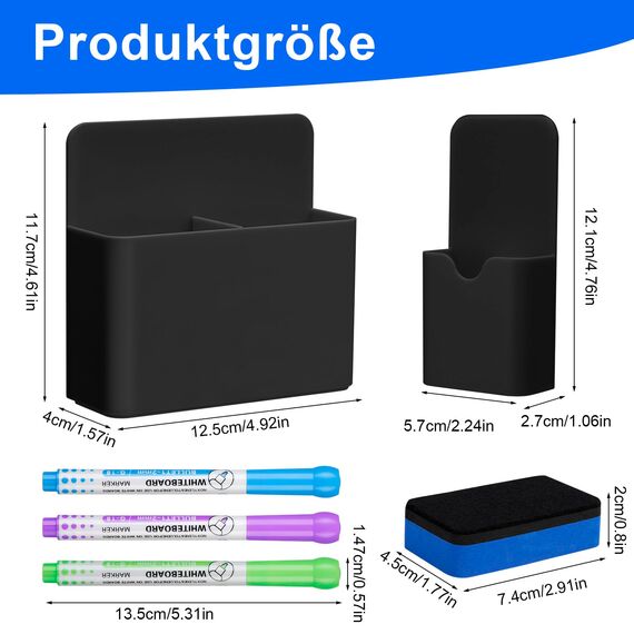 Vyuwast 12 Stück Whiteboard Zubehör, 2 Magnetische Stifthalter mit 2 Whiteboard Schwämmen und 8 Whiteboard Markern, Ideal für Schule, Büro und Metalloberflächen
