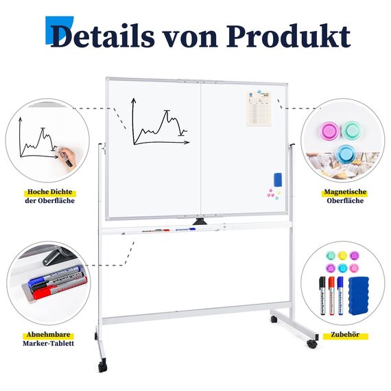 maxtek Whiteboard mit Ständer 150 X 120cm, Doppelseitiges Magnetisches Aluminiumrahmen Mobiles Whiteboard mit Stifte, Schwämme, Tafellöscher