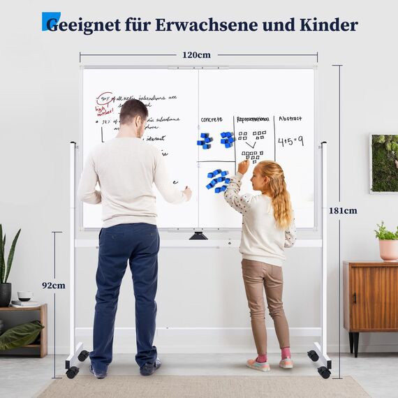 maxtek Whiteboard mit Ständer 120 X 90cm, Doppelseitiges Magnetisches Aluminiumrahmen Mobiles Whiteboard mit Stifte, Schwämme, Tafellöscher