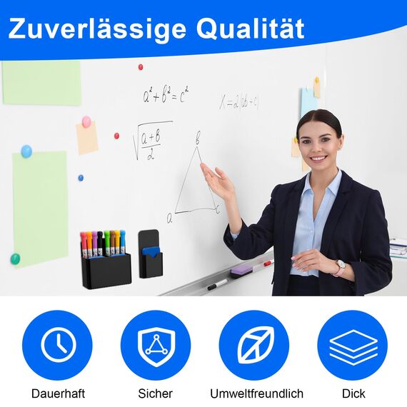 Vyuwast 12 Stück Whiteboard Zubehör, 2 Magnetische Stifthalter mit 2 Whiteboard Schwämmen und 8 Whiteboard Markern, Ideal für Schule, Büro und Metalloberflächen