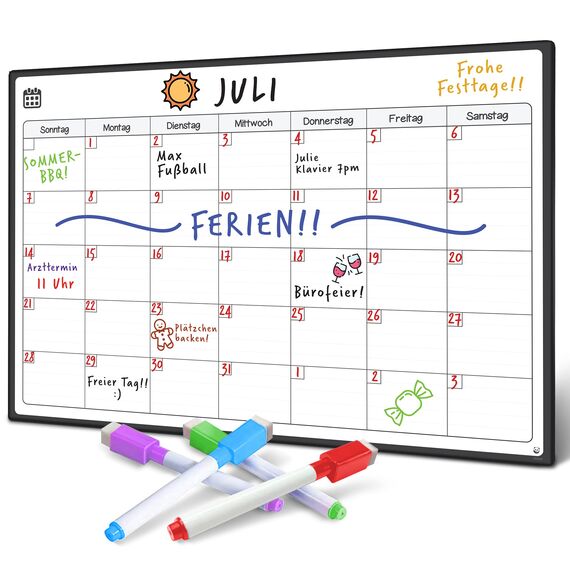 Smart Panda Monatsplaner Magnetisch Kühlschrank - Abwischbarer Kalender & Magnetisches Whiteboard für die Küche, Monatliche Familienplanung, Fleckfrei Radierbar (A3, Deutsch)