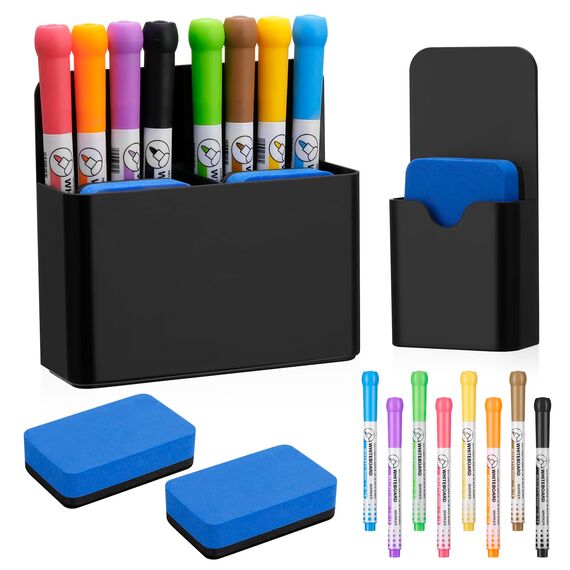 Vyuwast 12 Stück Whiteboard Zubehör, 2 Magnetische Stifthalter mit 2 Whiteboard Schwämmen und 8 Whiteboard Markern, Ideal für Schule, Büro und Metalloberflächen
