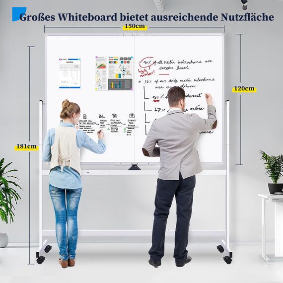 maxtek Whiteboard mit Ständer 150 X 120cm, Doppelseitiges Magnetisches Aluminiumrahmen Mobiles Whiteboard mit Stifte, Schwämme, Tafellöscher